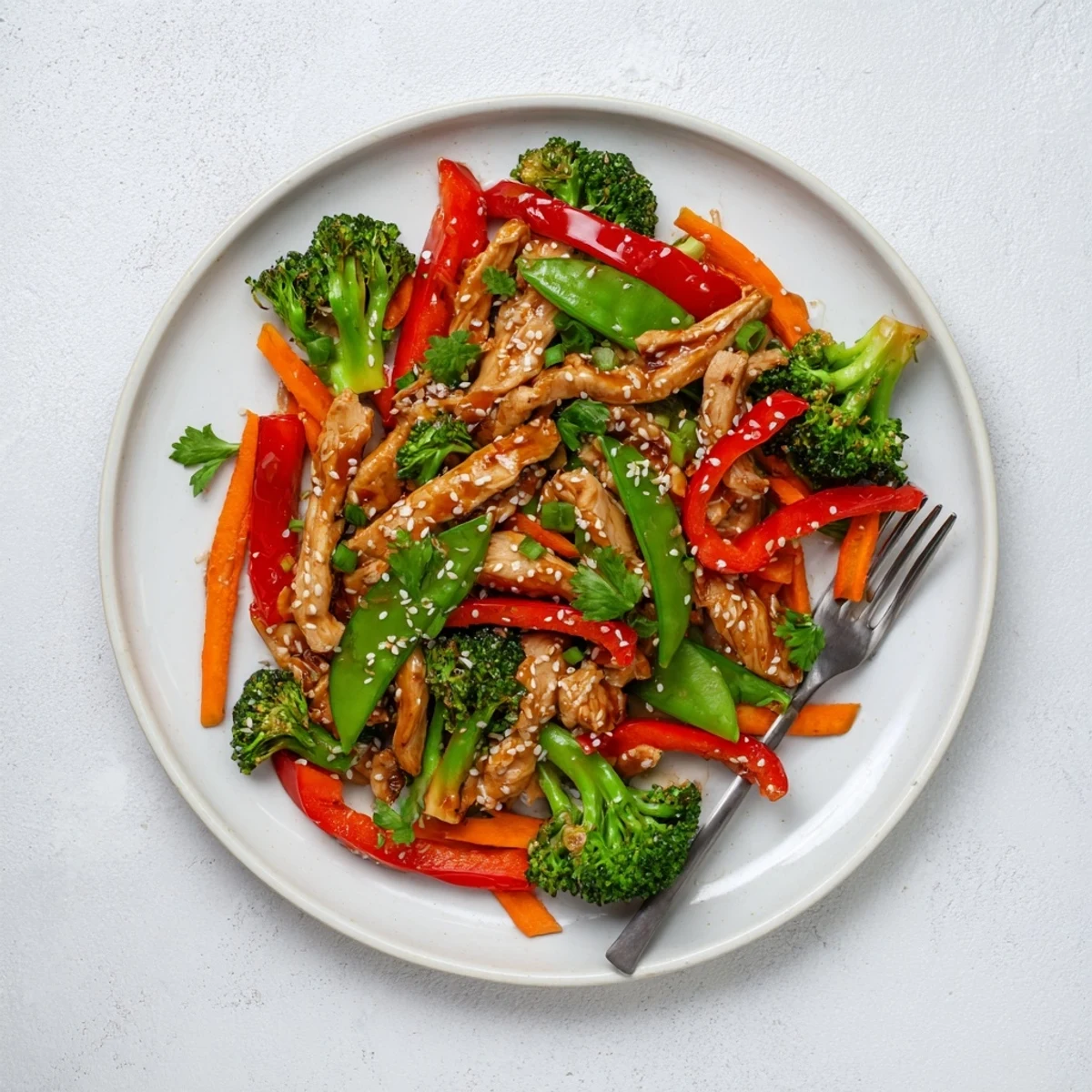 Sesame soy chicken stir fry in a wok with colorful vegetables and glossy sauce