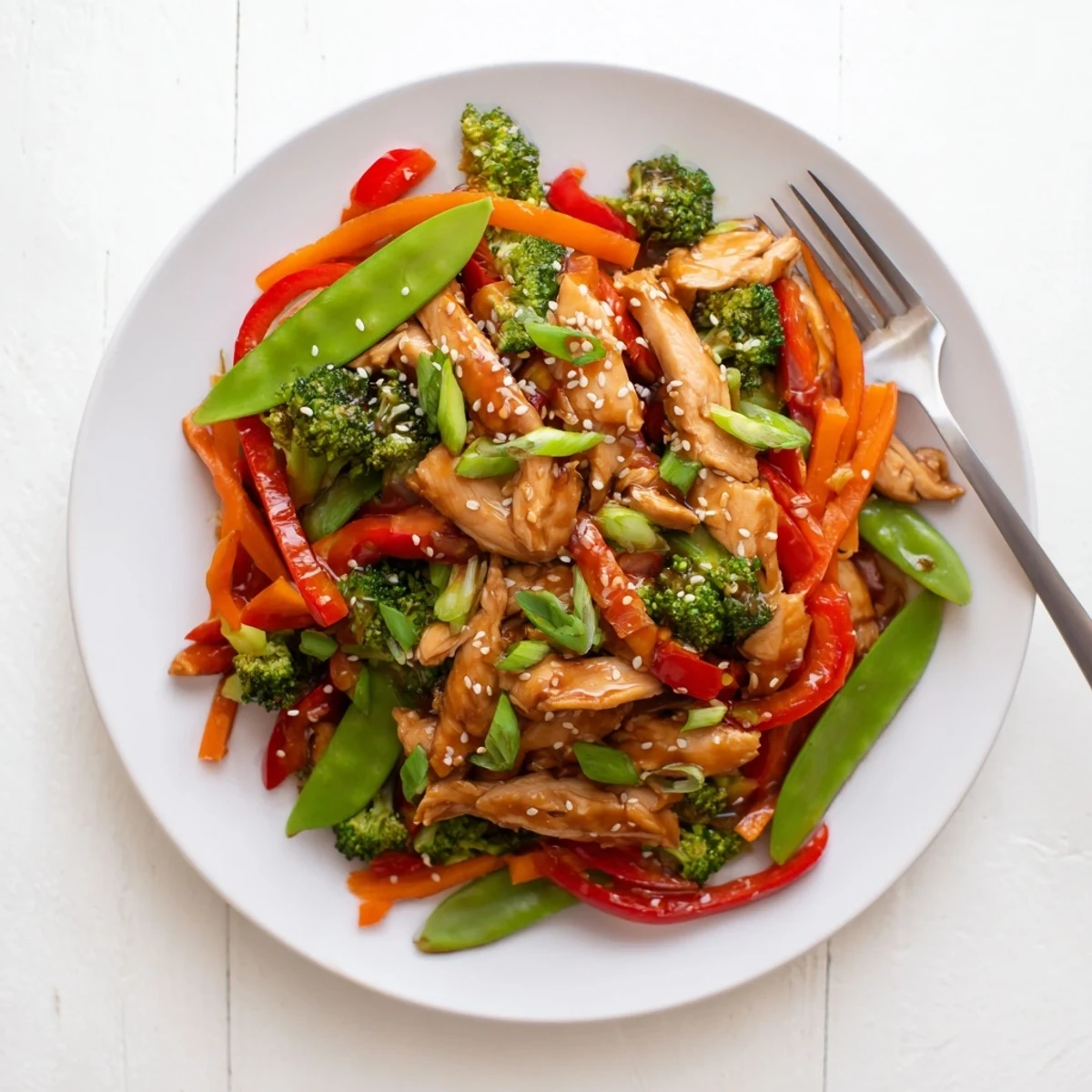 Tender sesame soy chicken stir fry served over rice with sesame seed garnish