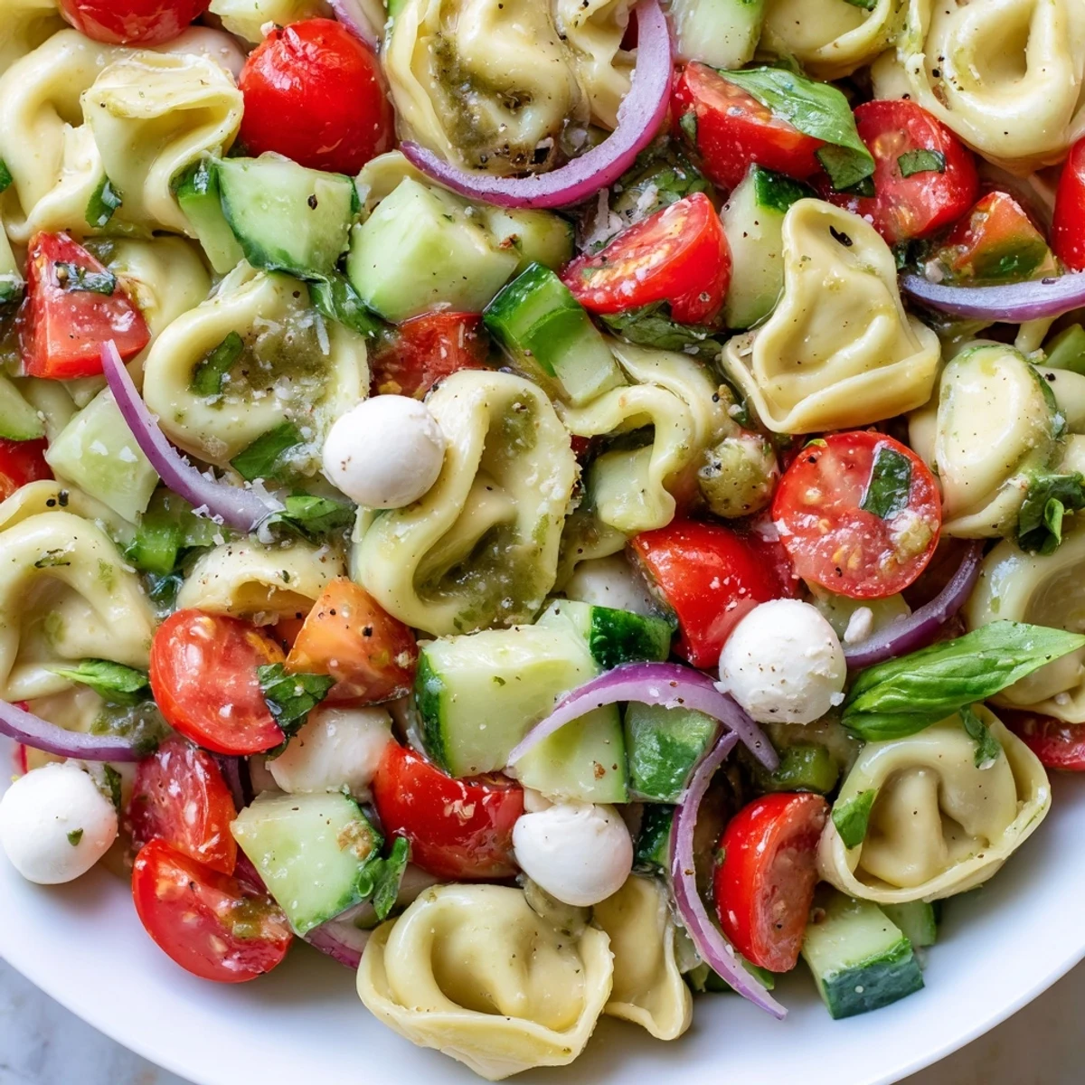 Colorful Tortellini Salad tossed with crisp vegetables and creamy mozzarella in Italian dressing