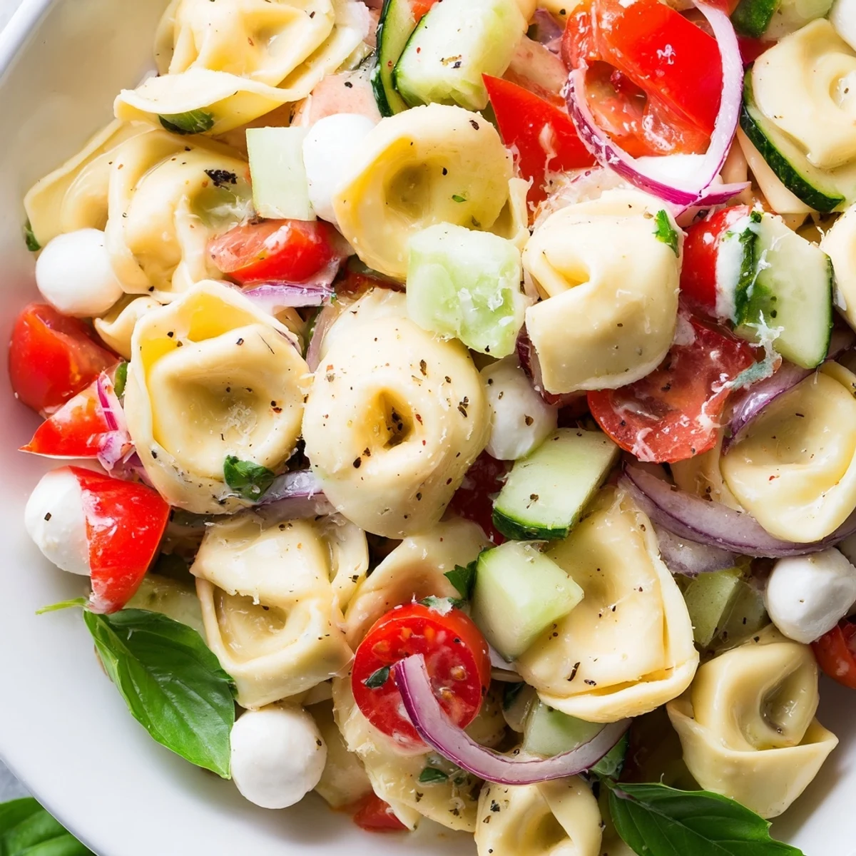 Cheese tortellini mixed with juicy tomatoes, crunchy cucumber, and zesty herbs in bowl