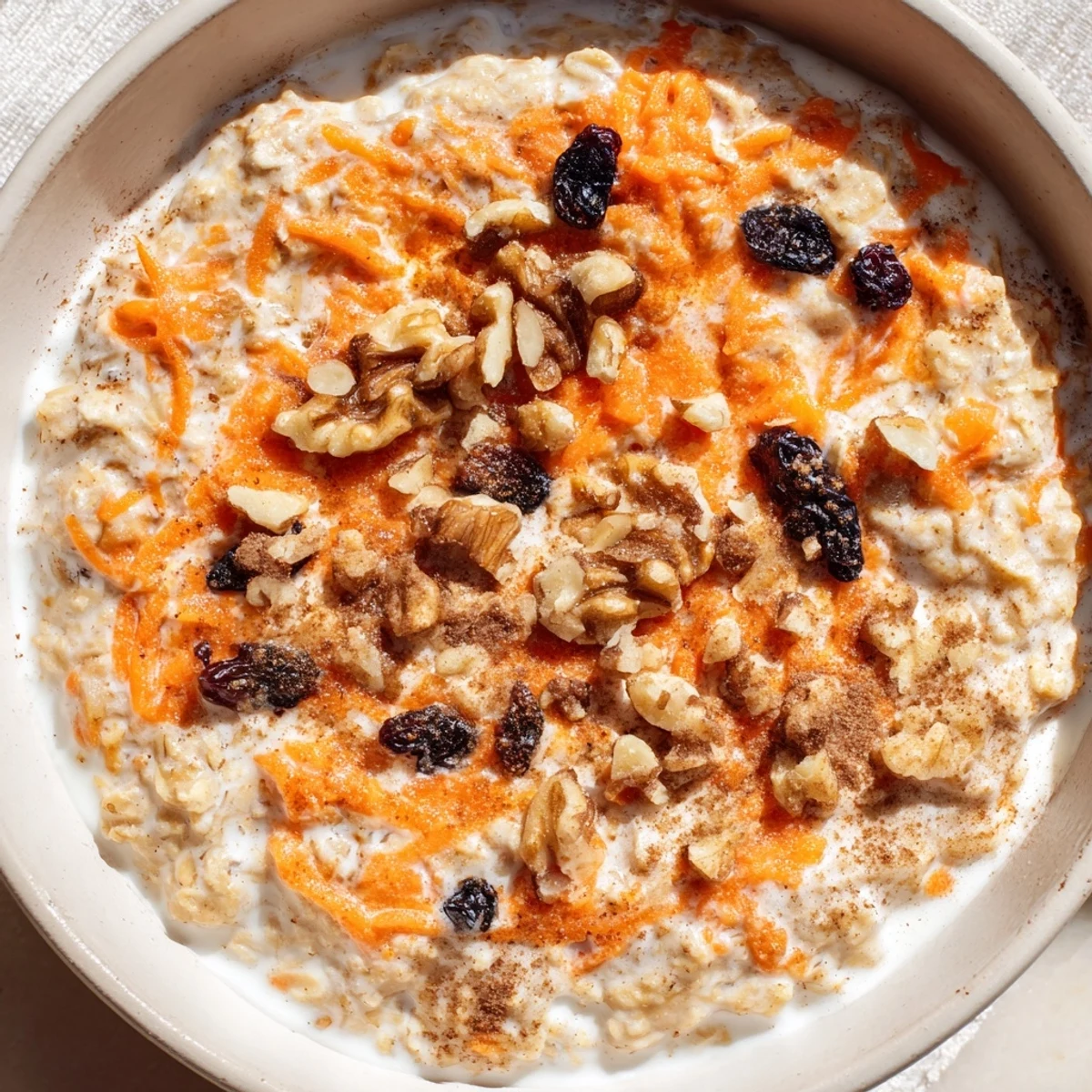 Creamy carrot cake overnight oats in a mason jar topped with crunchy walnuts and a sprinkle of cinnamon