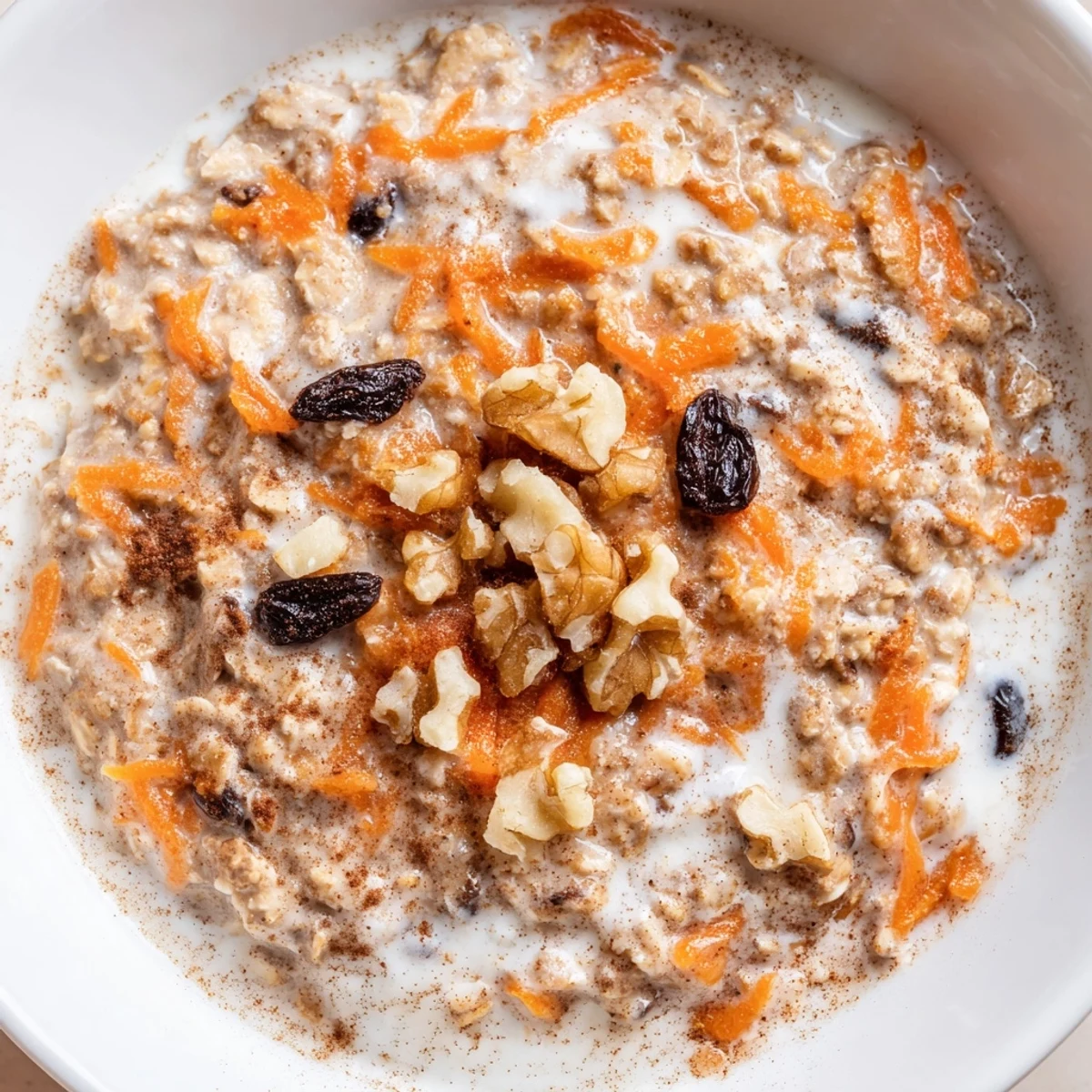 Carrot cake overnight oats with grated carrots, plump raisins, and chopped pecans served in a rustic bowl