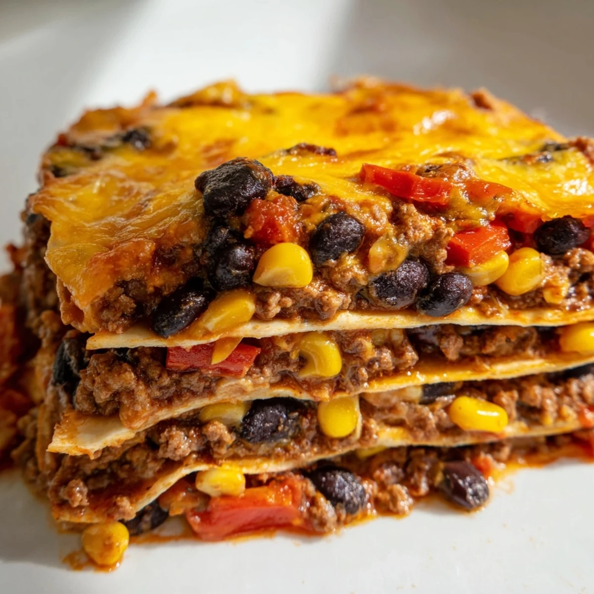 Golden bubbling Mexican lasagna with layers of seasoned beef, beans, and melted cheese