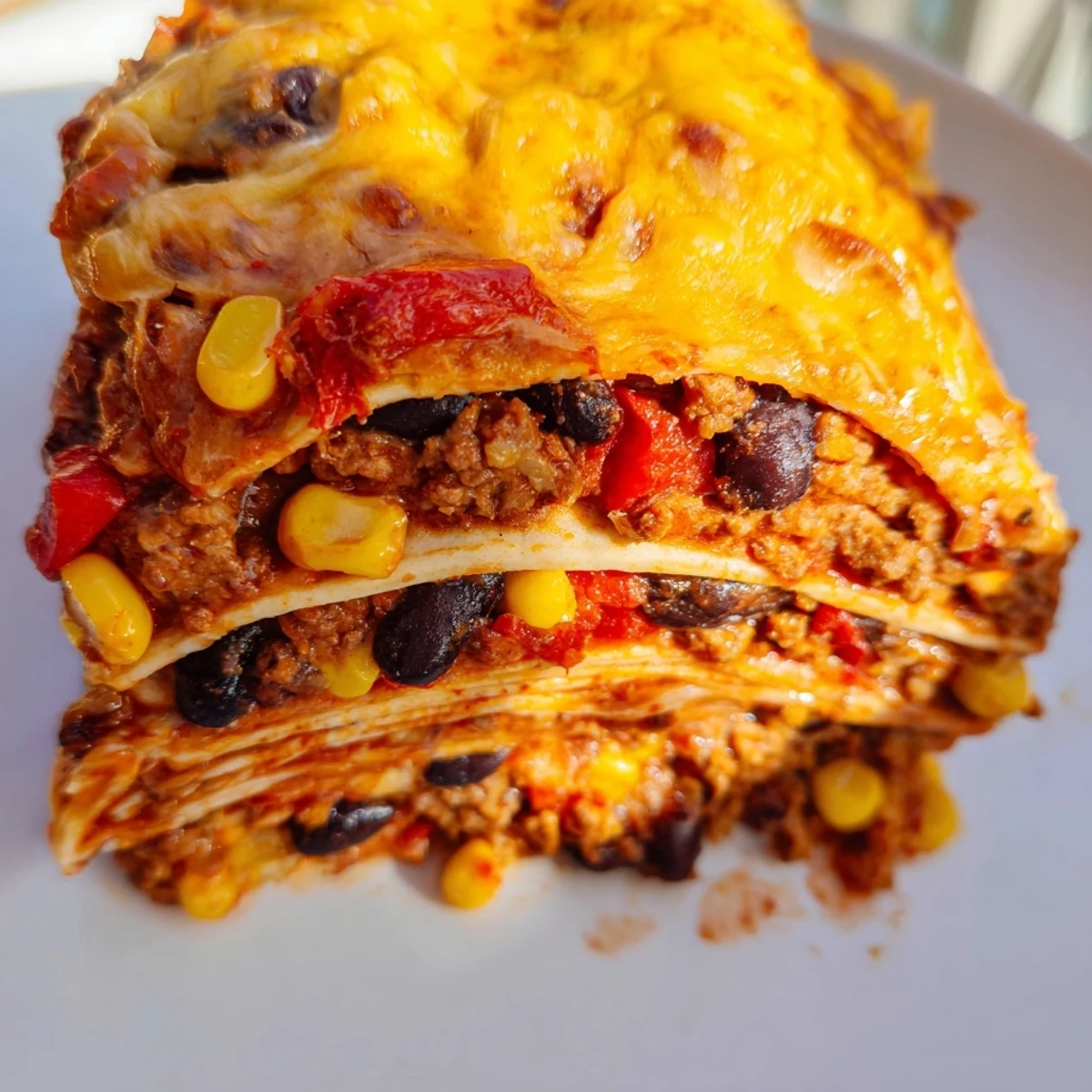 Mexican lasagna fresh from the oven topped with cilantro and sour cream