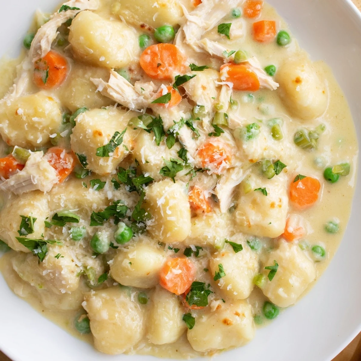 Creamy One Pot Gnocchi Chicken Pot Pie in a rustic skillet with tender vegetables