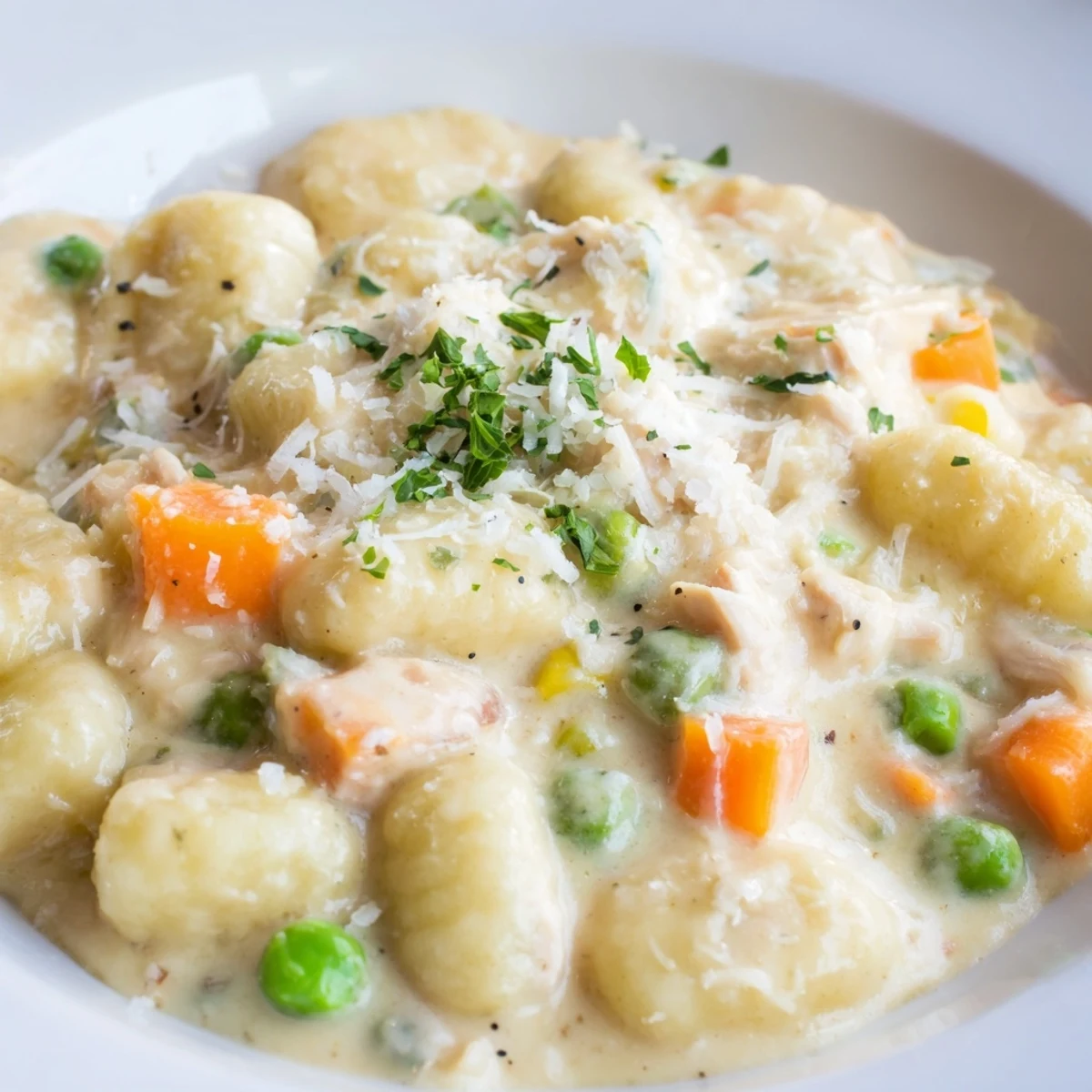 Golden One Pot Gnocchi Chicken Pot Pie topped with fresh parsley garnish
