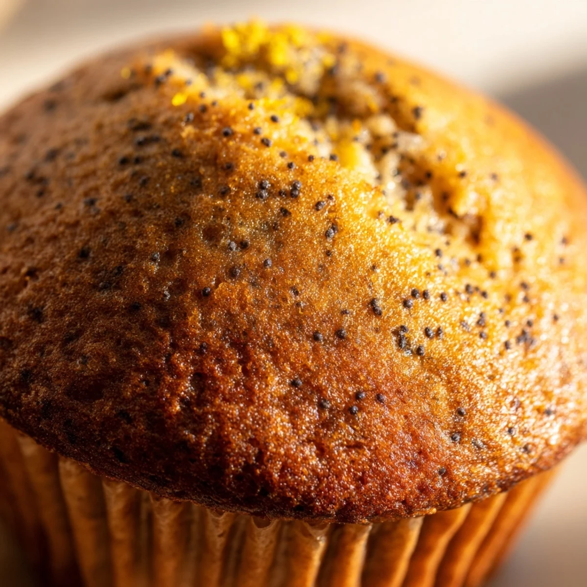 Golden lemon poppy seed muffins with domed tops fresh from the oven on a cooling rack