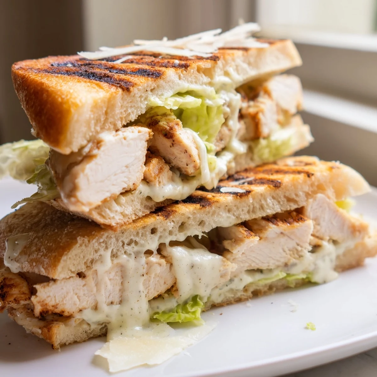 Grilled Chicken Caesar Sandwich with crisp romaine and parmesan on toasted golden ciabatta