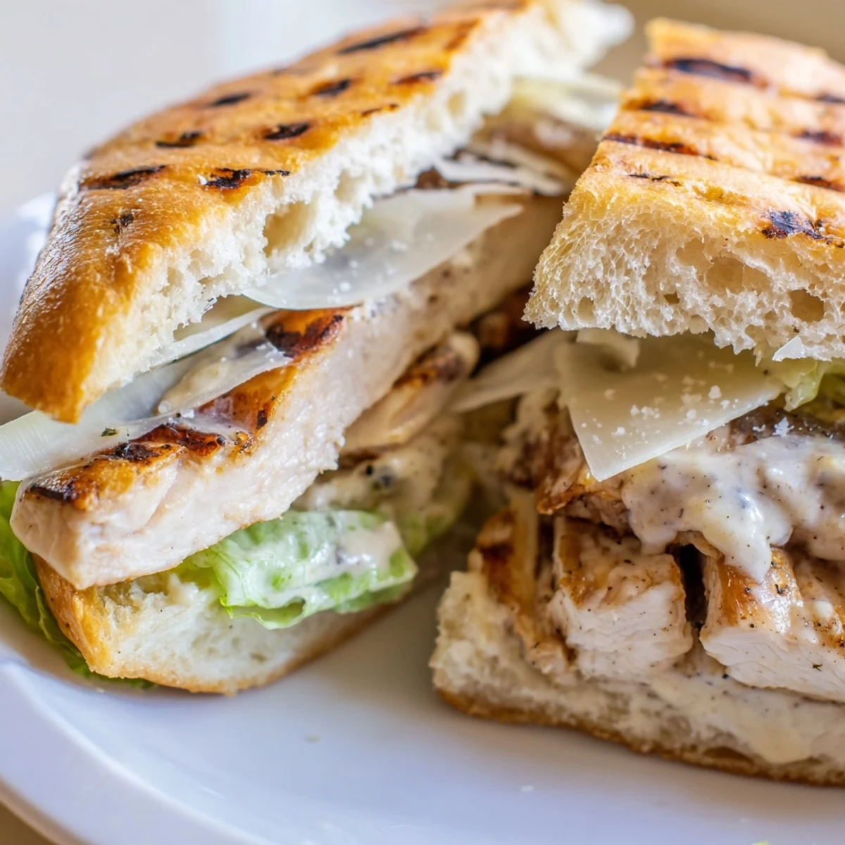 Juicy sliced Chicken Caesar Sandwich layered with creamy dressing and fresh crunchy lettuce