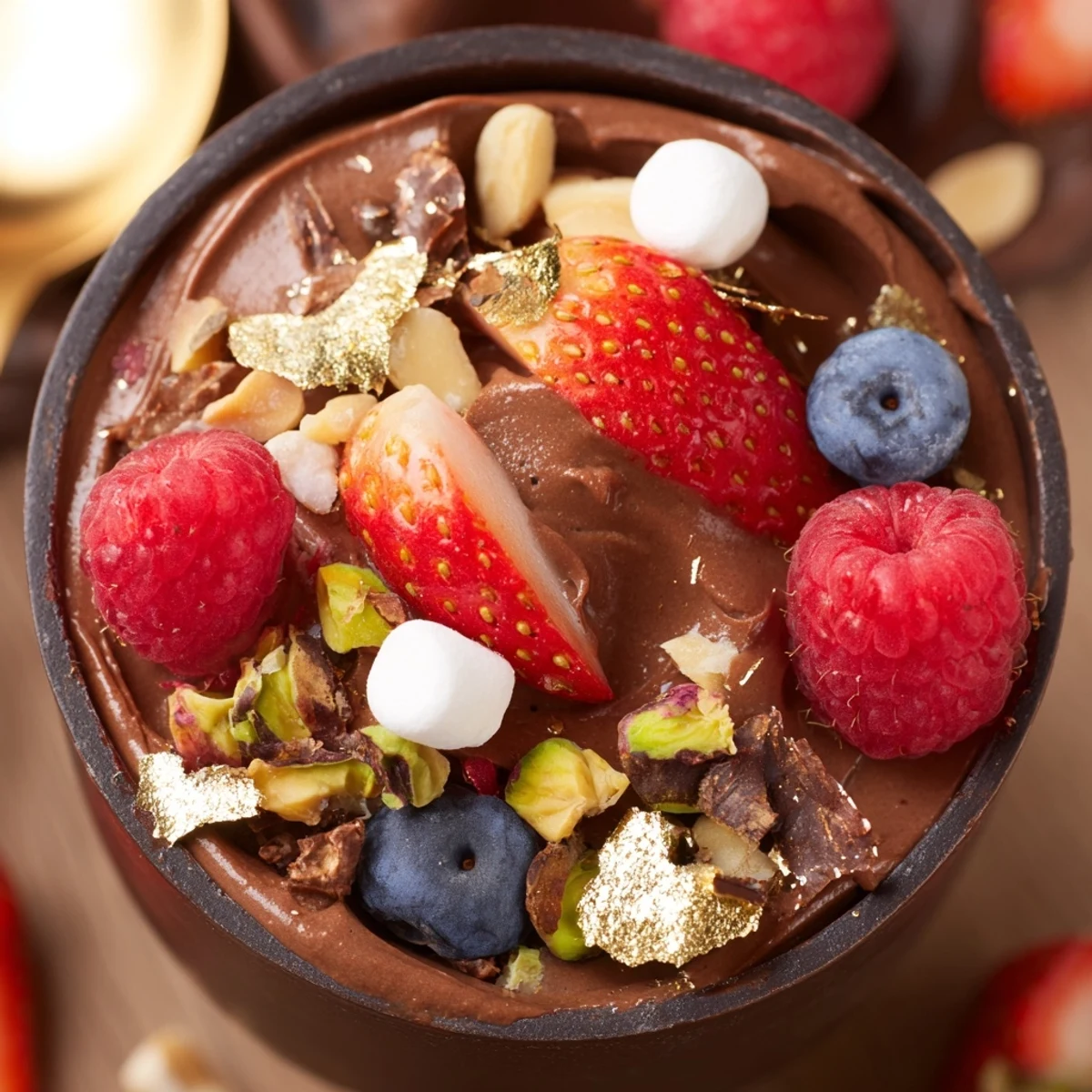 Elegant chocolate cups layered with fluffy mousse, juicy berries, and crunchy chopped nuts