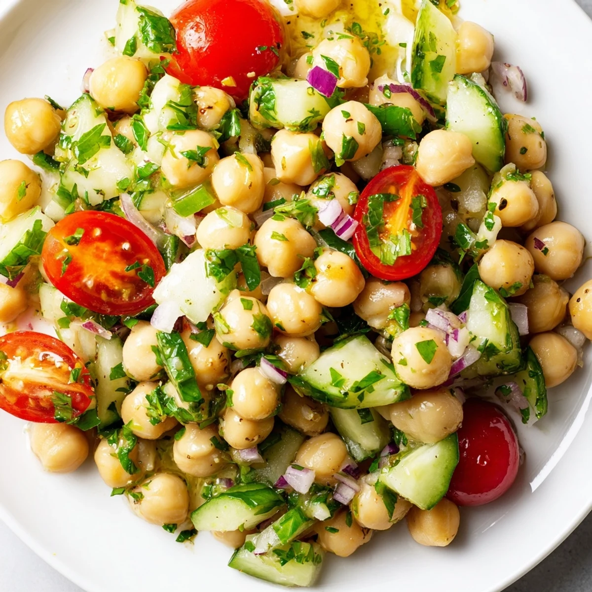 Chickpea cucumber salad in a white bowl with fresh herbs and lemon dressing