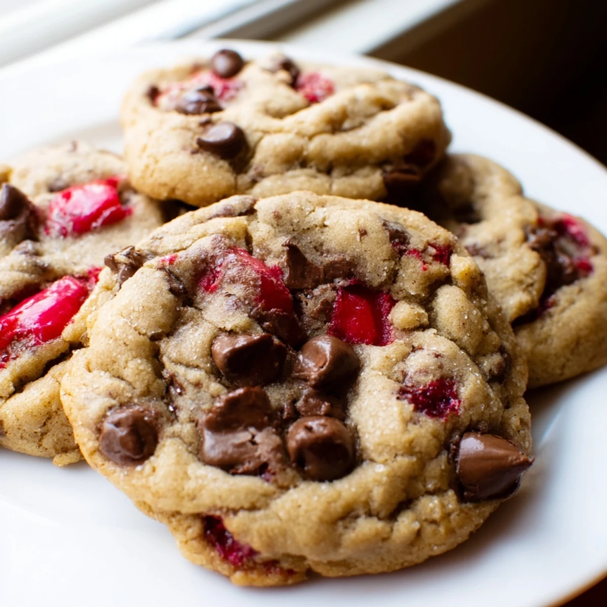 Soft maraschino cherry chocolate chip cookies with golden edges on a rustic wooden board
