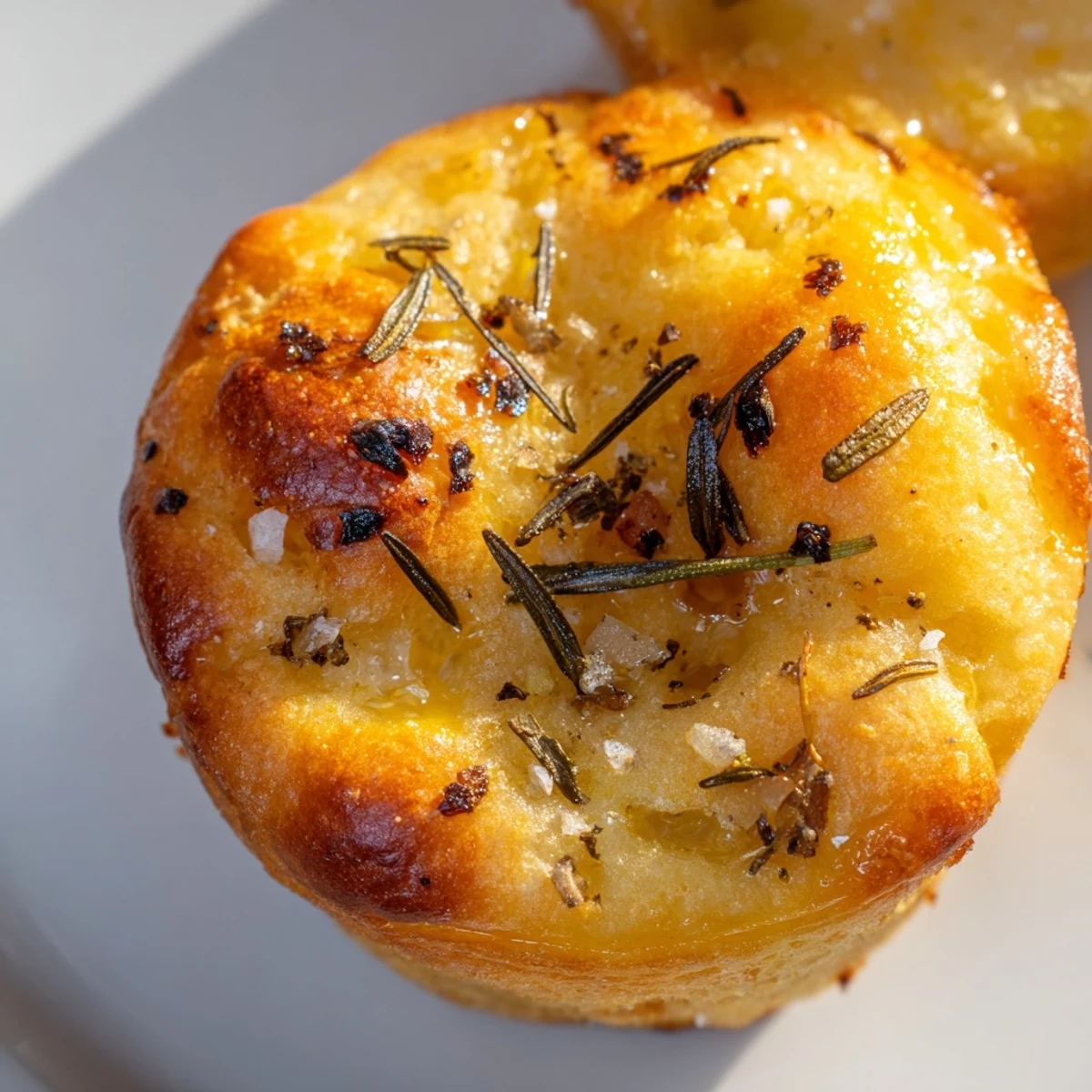 Golden garlic rosemary focaccia muffins topped with olive oil and fresh herbs on rustic parchment
