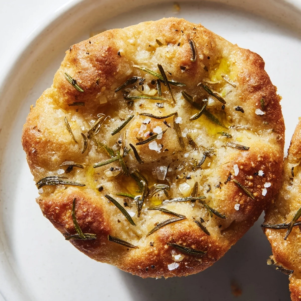 Warm garlic rosemary focaccia muffins fresh from the oven with crispy golden brown edges