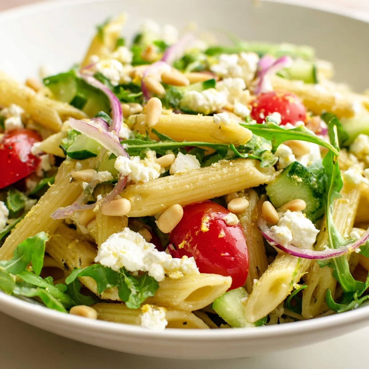 Bright lemon arugula pasta salad in a white bowl with cherry tomatoes and crumbled feta cheese