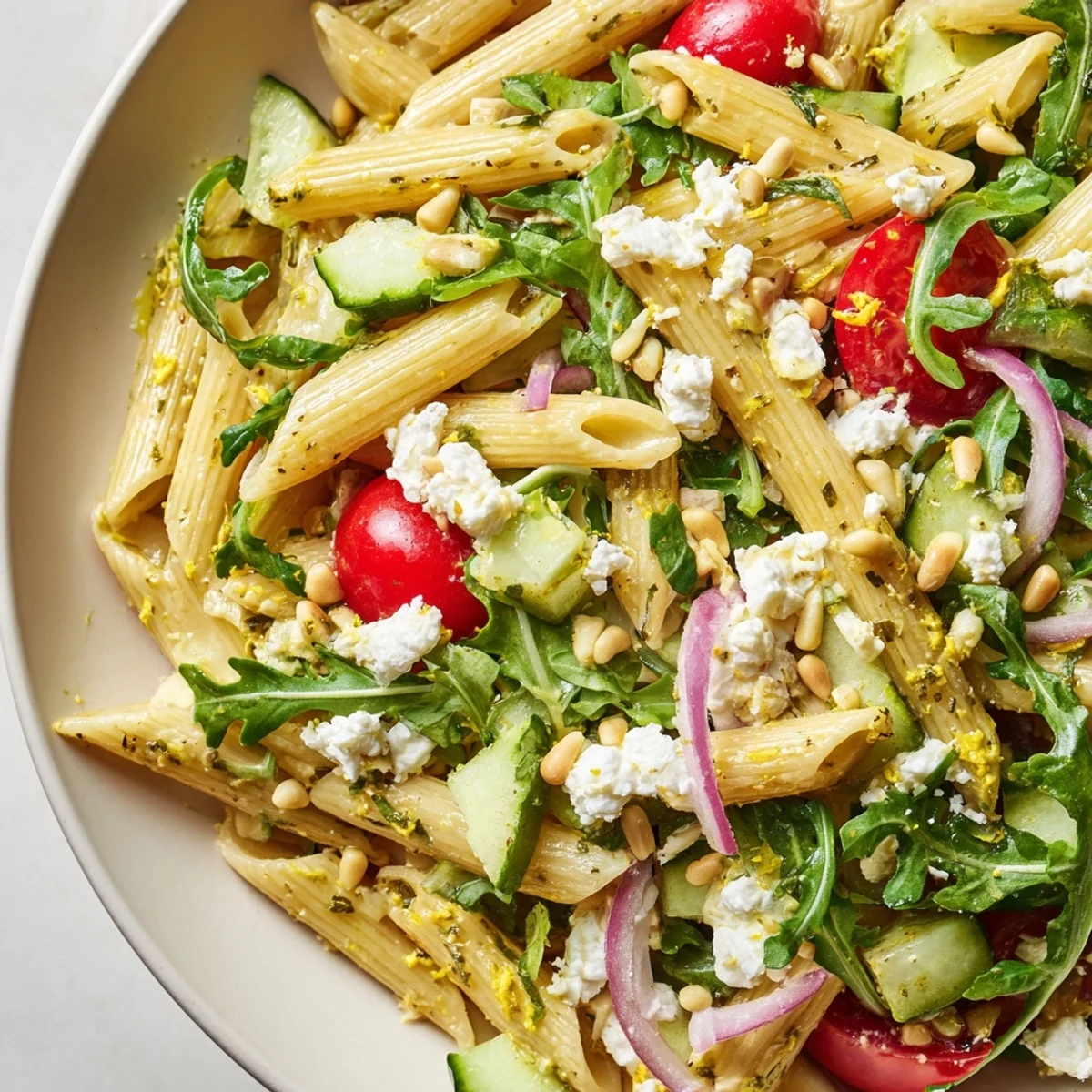 Tangled short pasta with fresh arugula leaves glistening in zesty lemon herb dressing