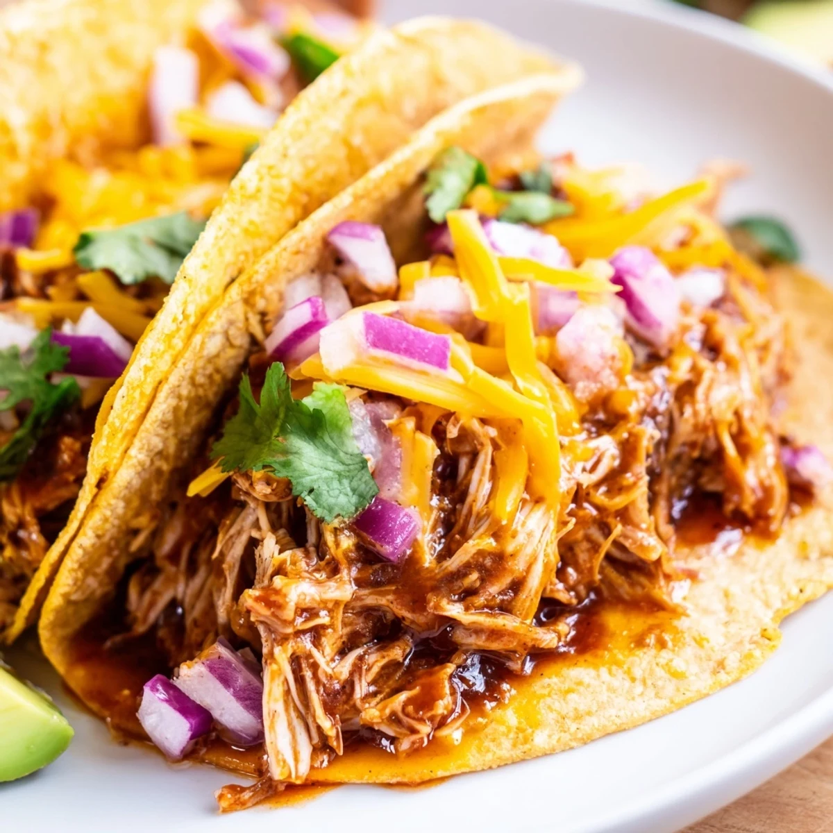 Tender slow cooker shredded chicken tacos garnished with cilantro, lime, and melted cheese
