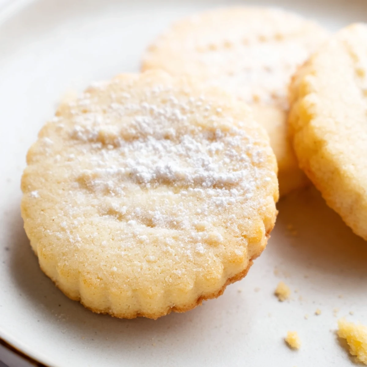 Golden Grandma's Secret Butter Cookies dusted with powdered sugar on a rustic plate