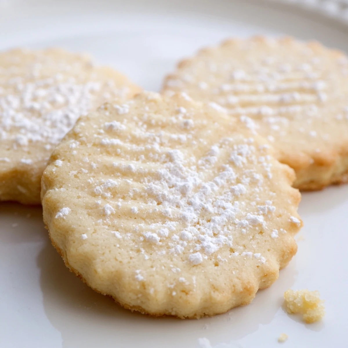 A plate of tender Grandma's Secret Butter Cookies beside a steaming cup of tea