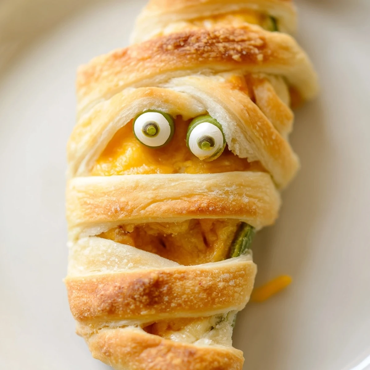 Crispy golden Mummy Jalapeno Poppers with gooey cheese filling and candy eyes on a rustic baking sheet