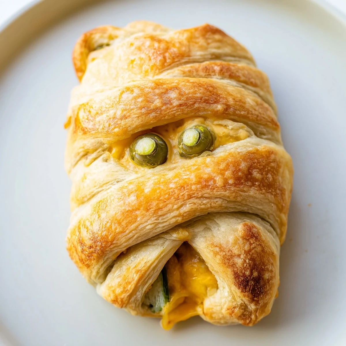 Creepy cute Mummy Jalapeno Poppers arranged on a platter with creamy cheddar centers and olive eyes