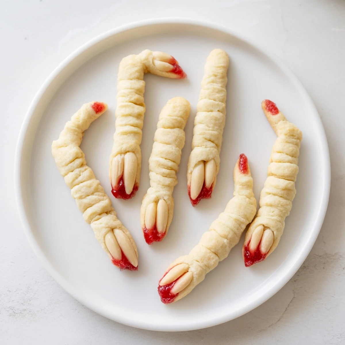 Creepy Witch Finger Cookies with bloody red almond nails on a rustic baking sheet