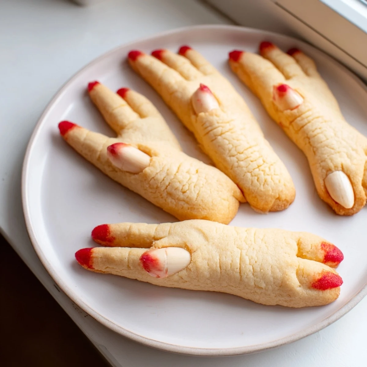 Golden creepy Witch Finger Cookies arranged on parchment with eerie bloody nail details