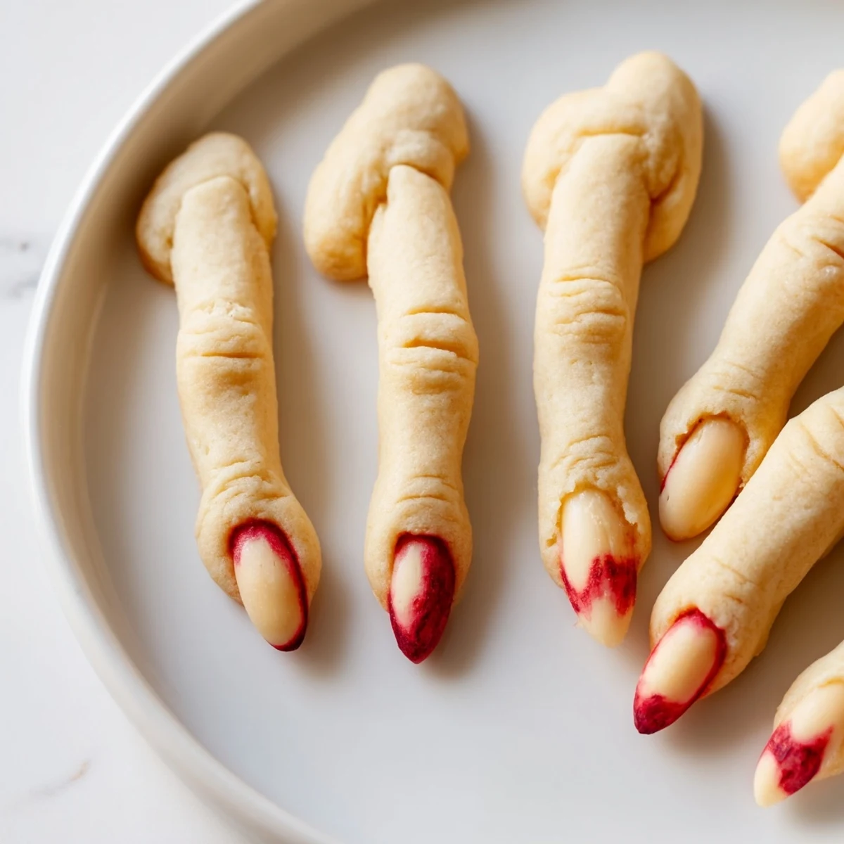 Plate of creepy Witch Finger Cookies served alongside steaming mugs of apple cider
