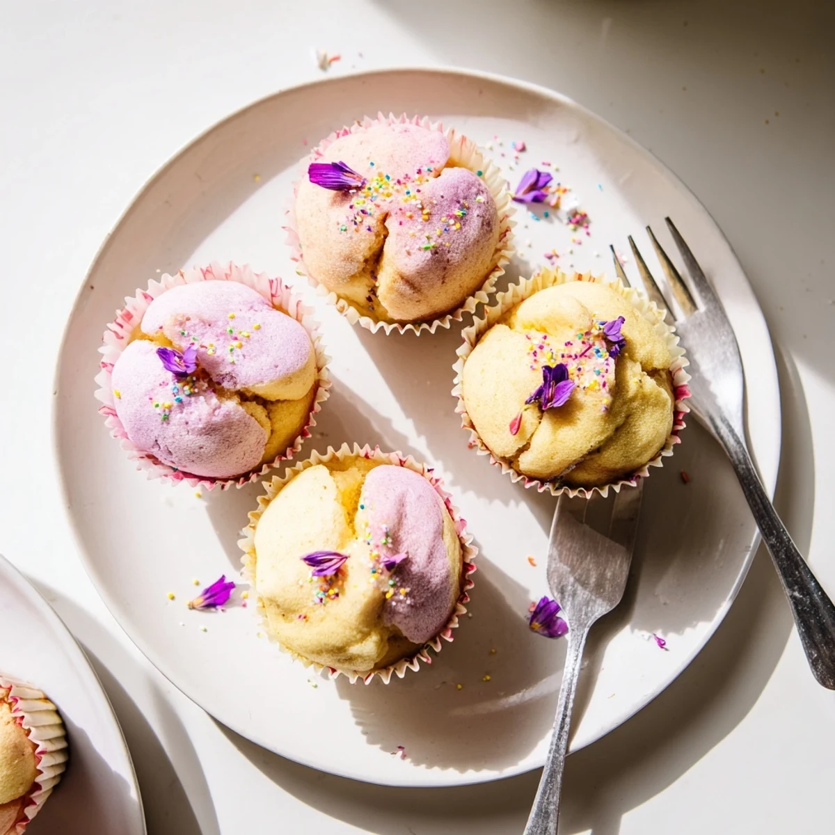 Fluffy steamed blooming cupcakes with cracked golden tops on a rustic plate