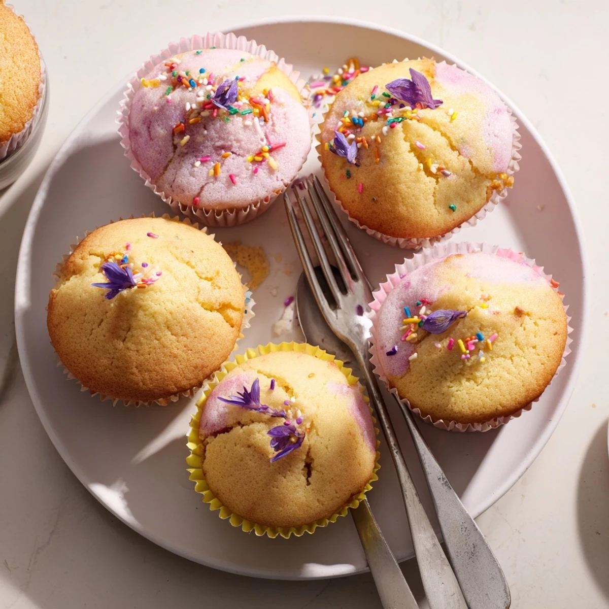 Tender steamed blooming cupcakes split open beautifully and garnished with edible flowers