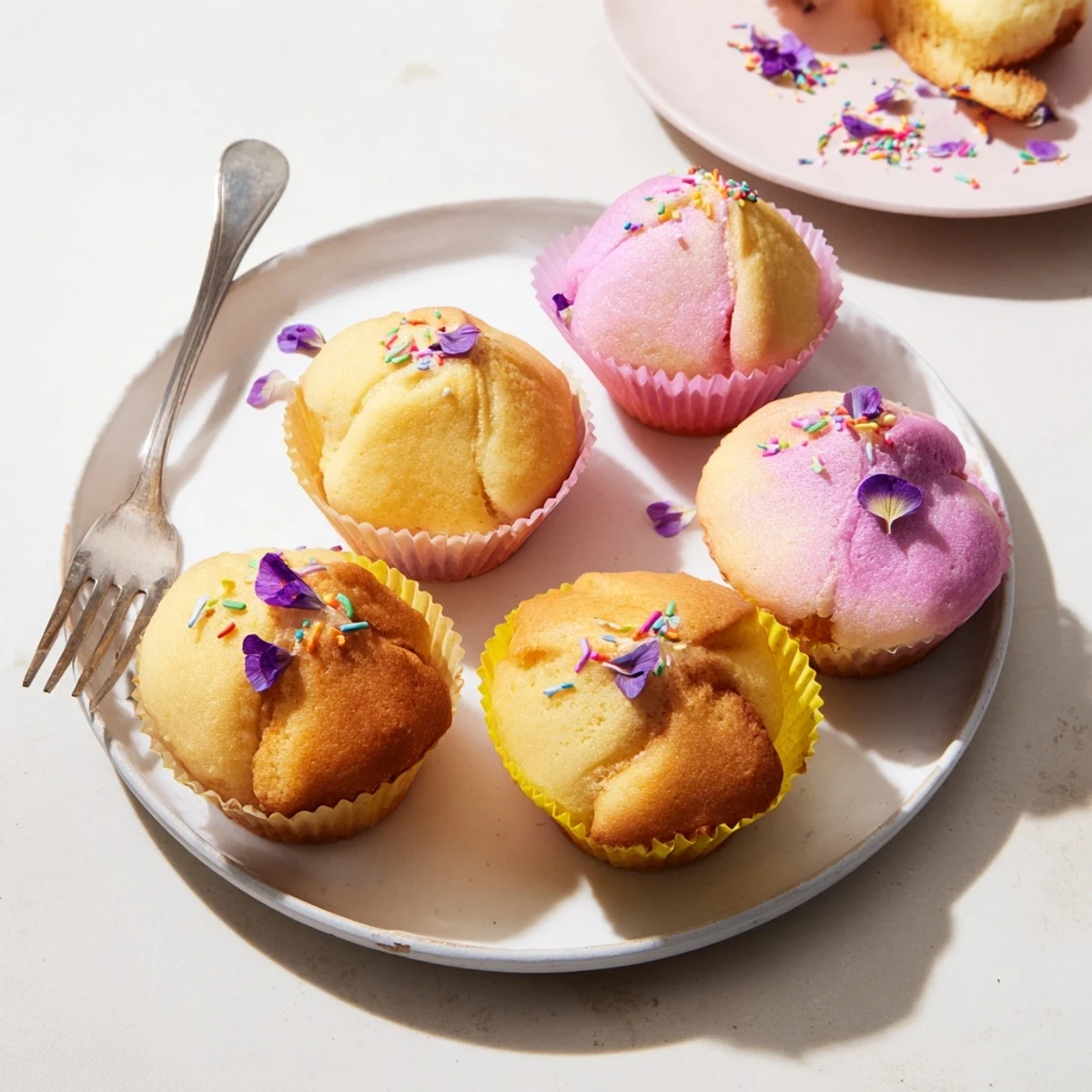 Soft steamed blooming cupcakes showing swirls of pastel color and moist crumbs