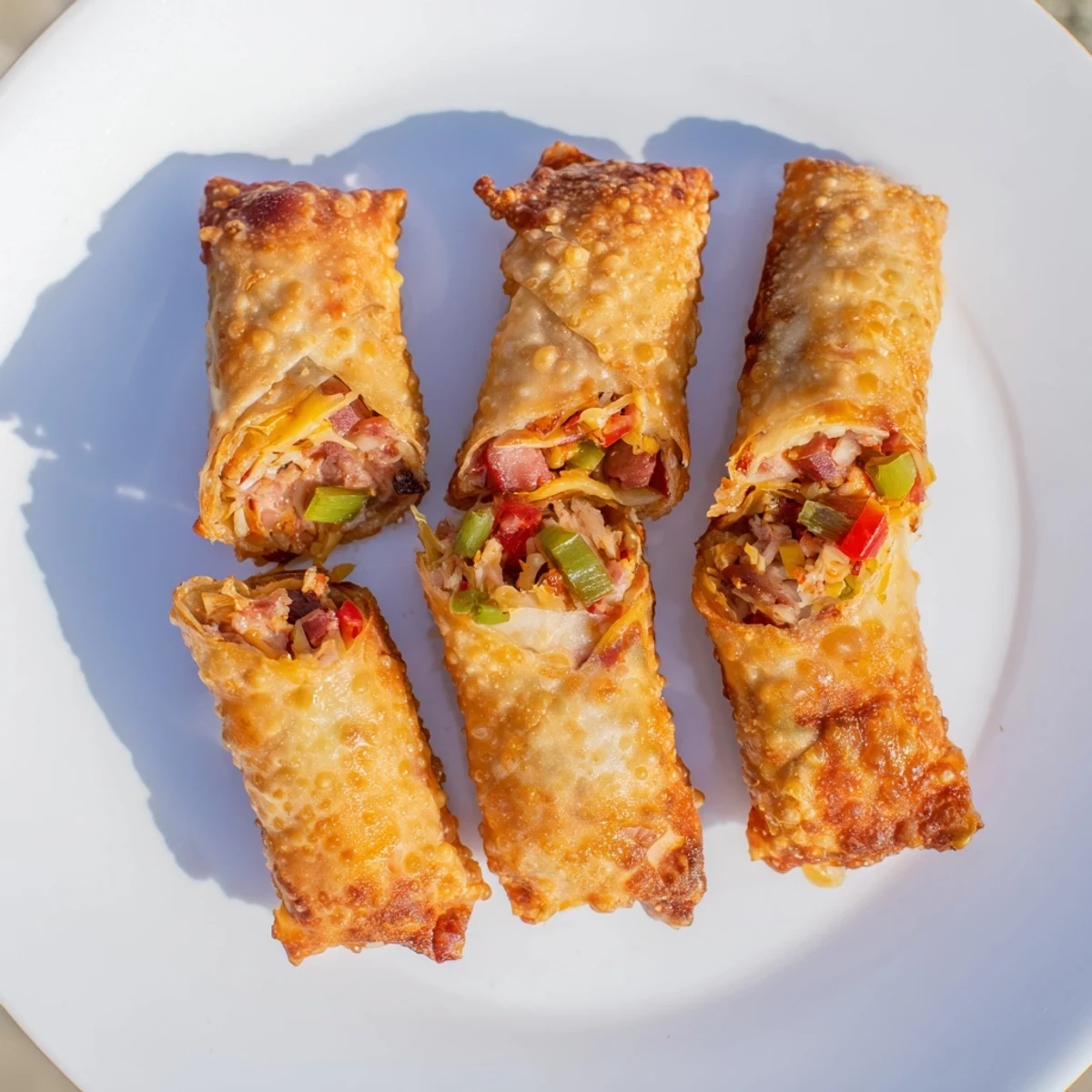 Golden crispy voodoo egg rolls stacked on a platter with spicy dipping sauce nearby