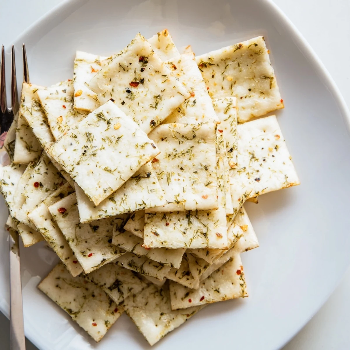 Golden dill pickle saltines coated in herbed butter arranged on a rustic baking sheet