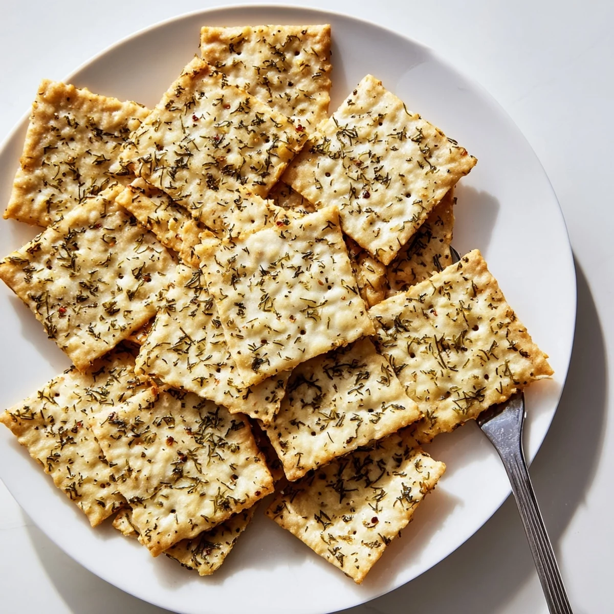 Crispy dill pickle saltines flecked with garlic and fresh dill in a snack bowl