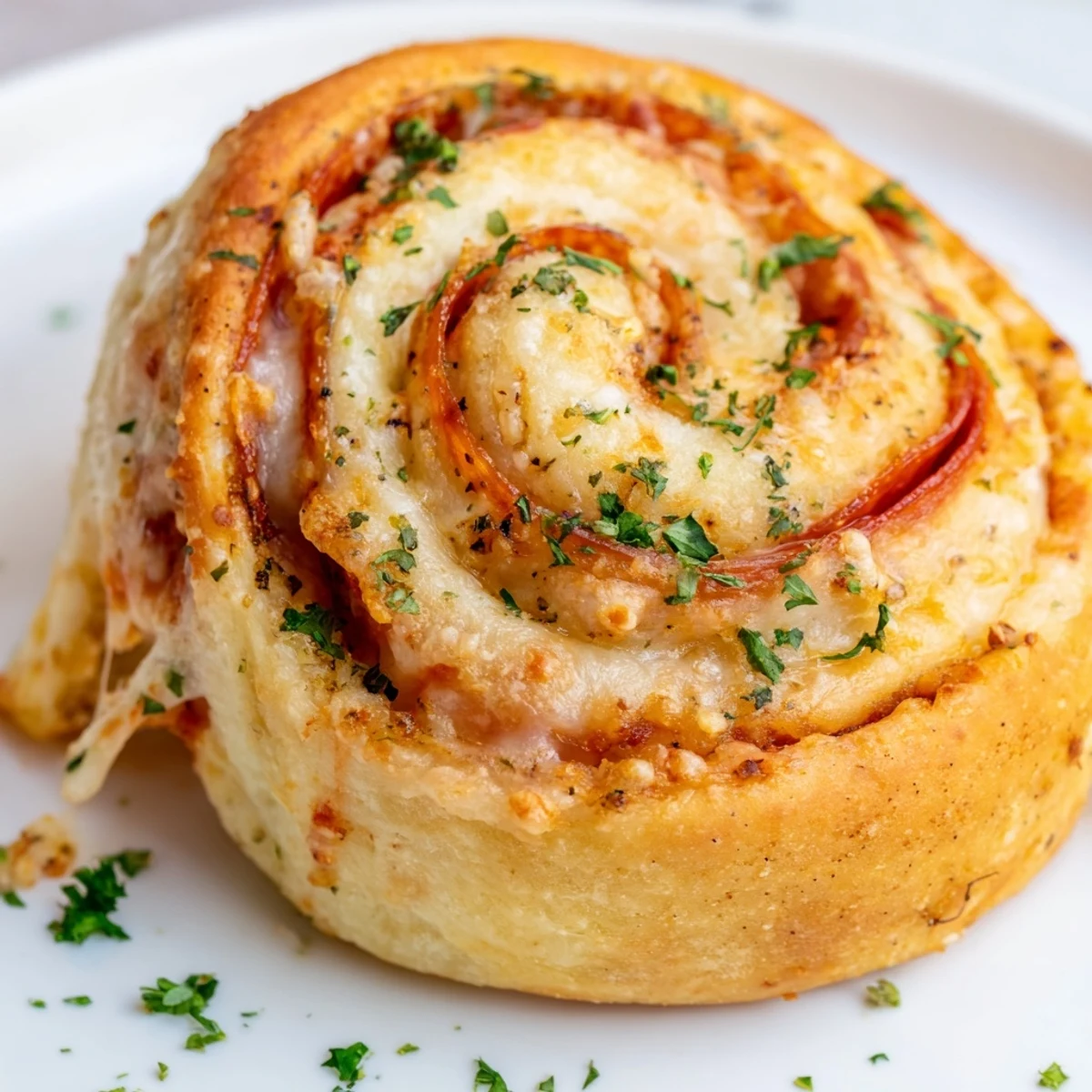 Warm pepperoni pizza roll breadsticks brushed with garlic butter alongside marinara dipping sauce
