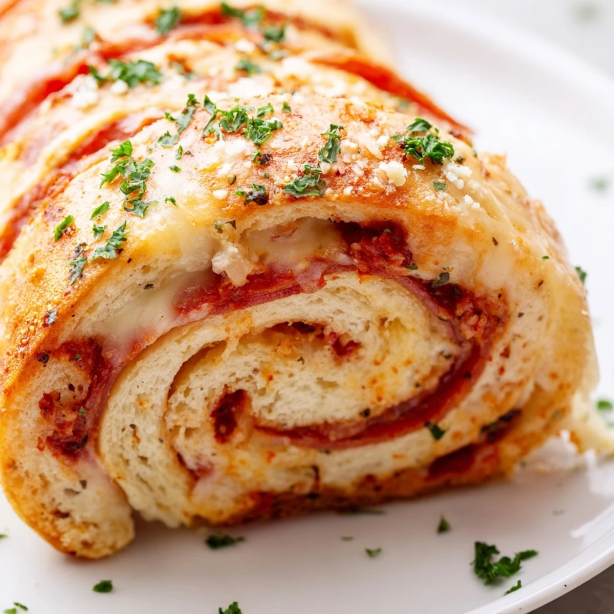 Sliced pepperoni pizza roll breadsticks revealing gooey cheese and spicy cured meat layers