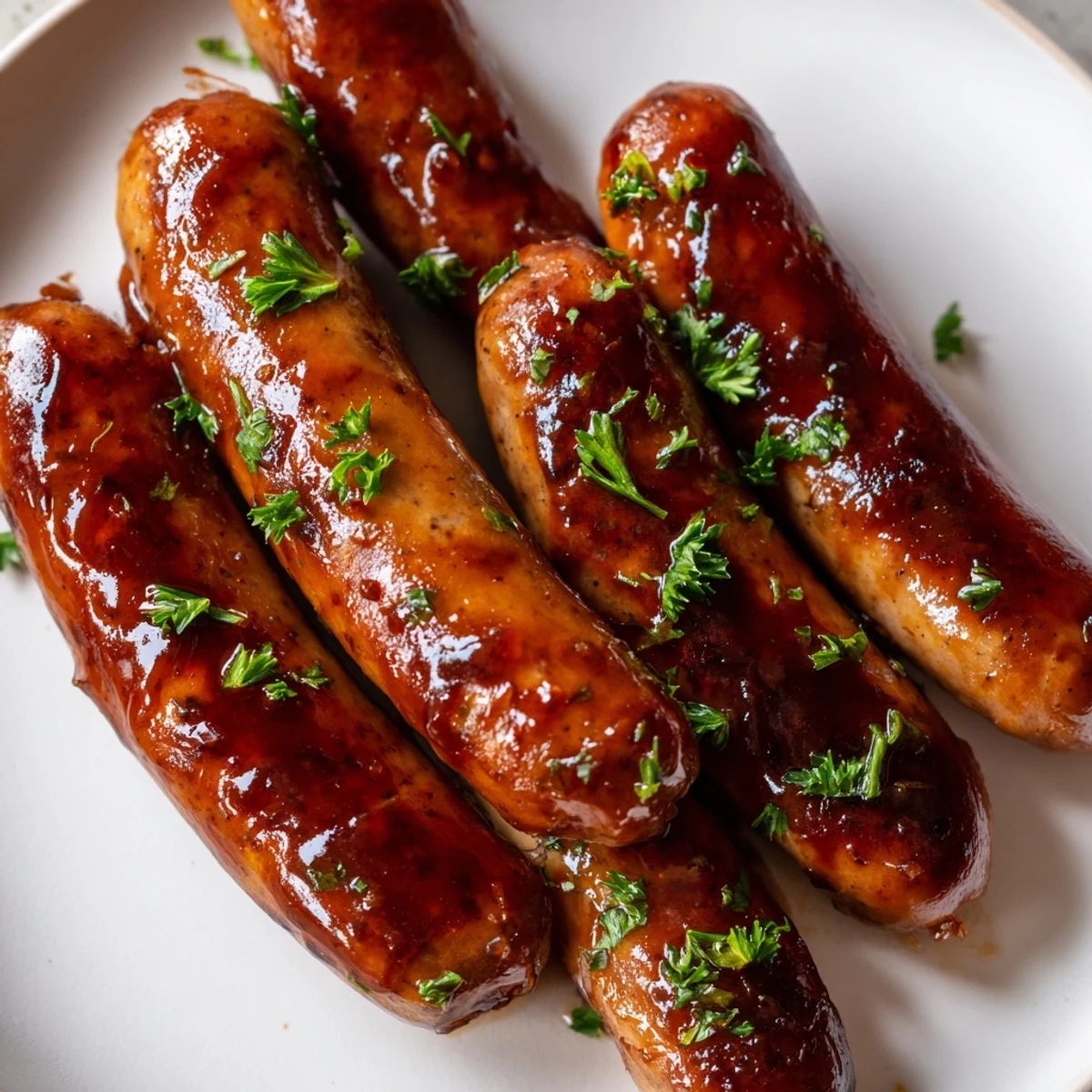 Caramelized BBQ sausage recipe served in toasted buns with pickles and fresh parsley.