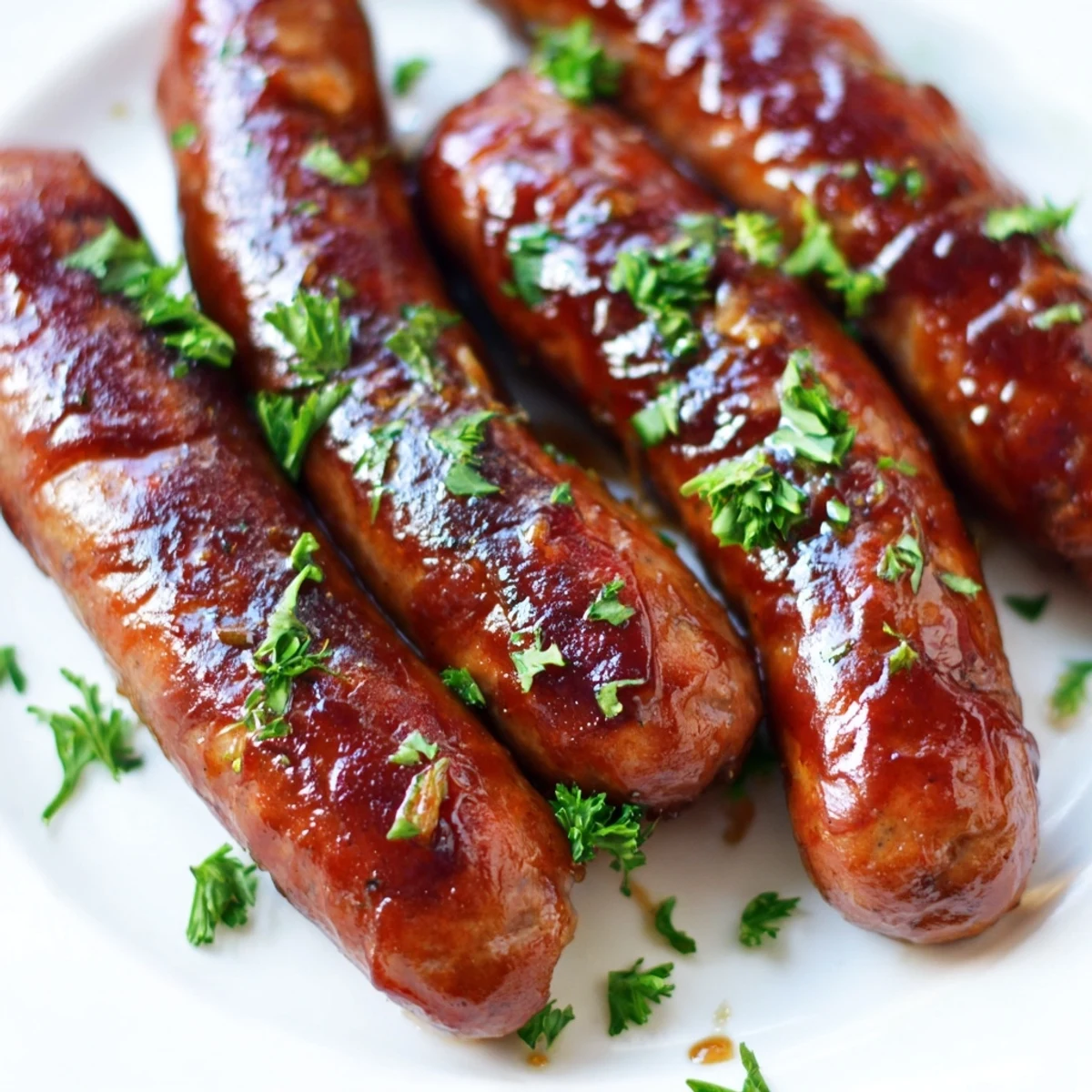 Juicy grilled sausages glistening with tangy BBQ sauce on a summer cookout platter.