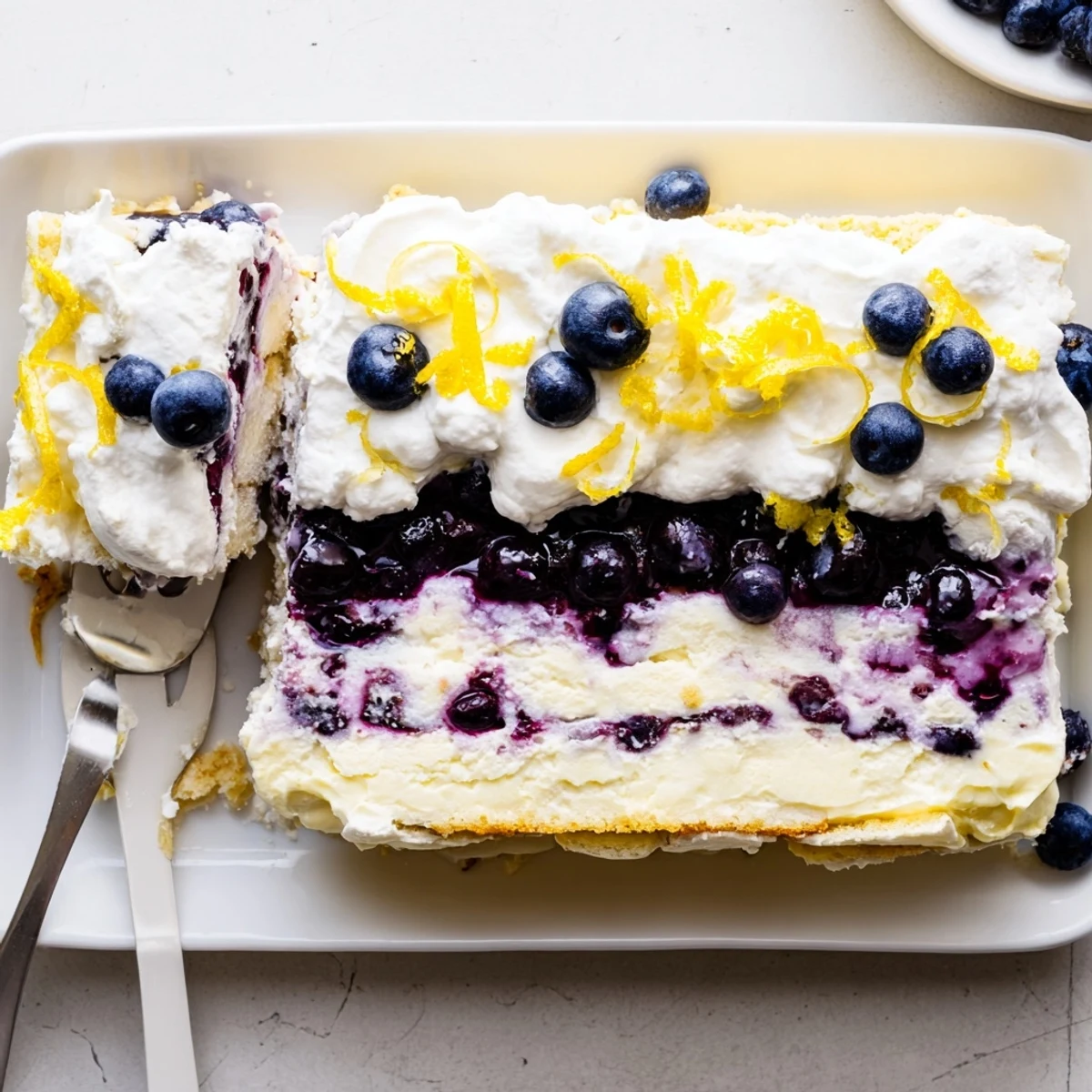 Layered lemon blueberry lasagna dessert sliced and garnished with fresh blueberries