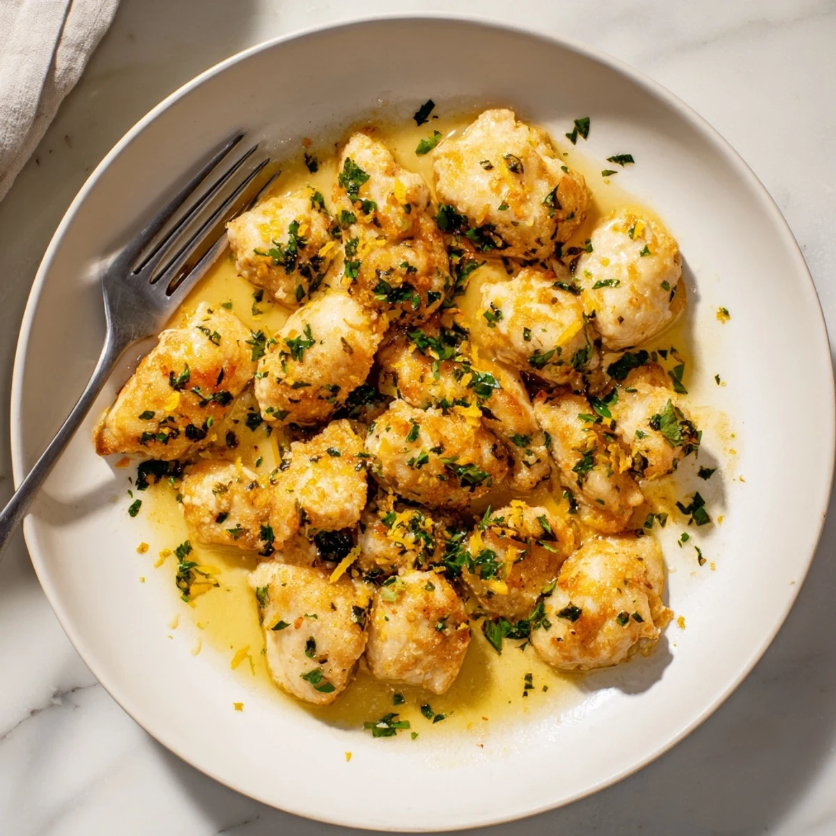 Tender lemon garlic butter chicken garnished with fresh parsley over steamed vegetables