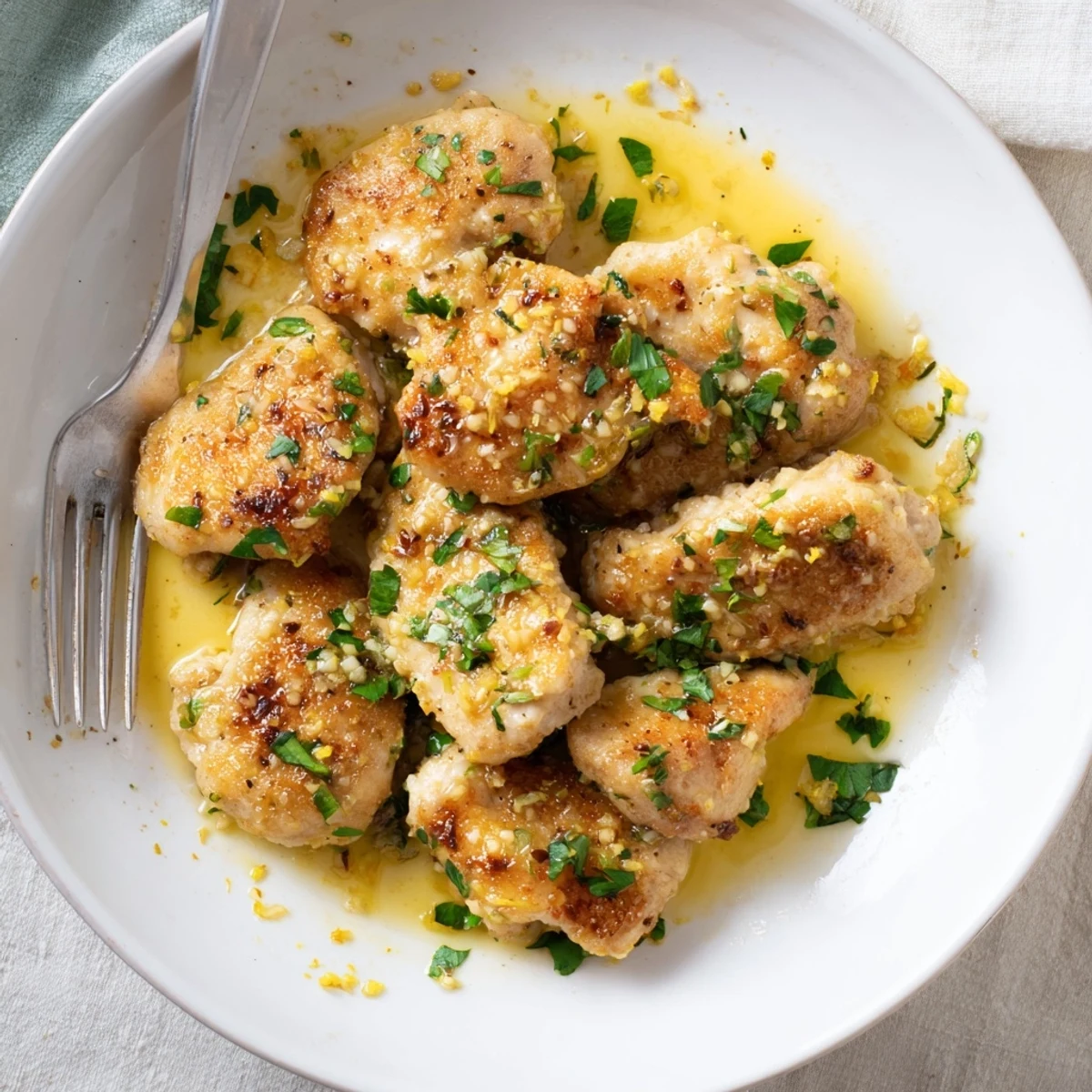 Crispy flour-dredged chicken simmered in a bright lemon garlic butter skillet sauce