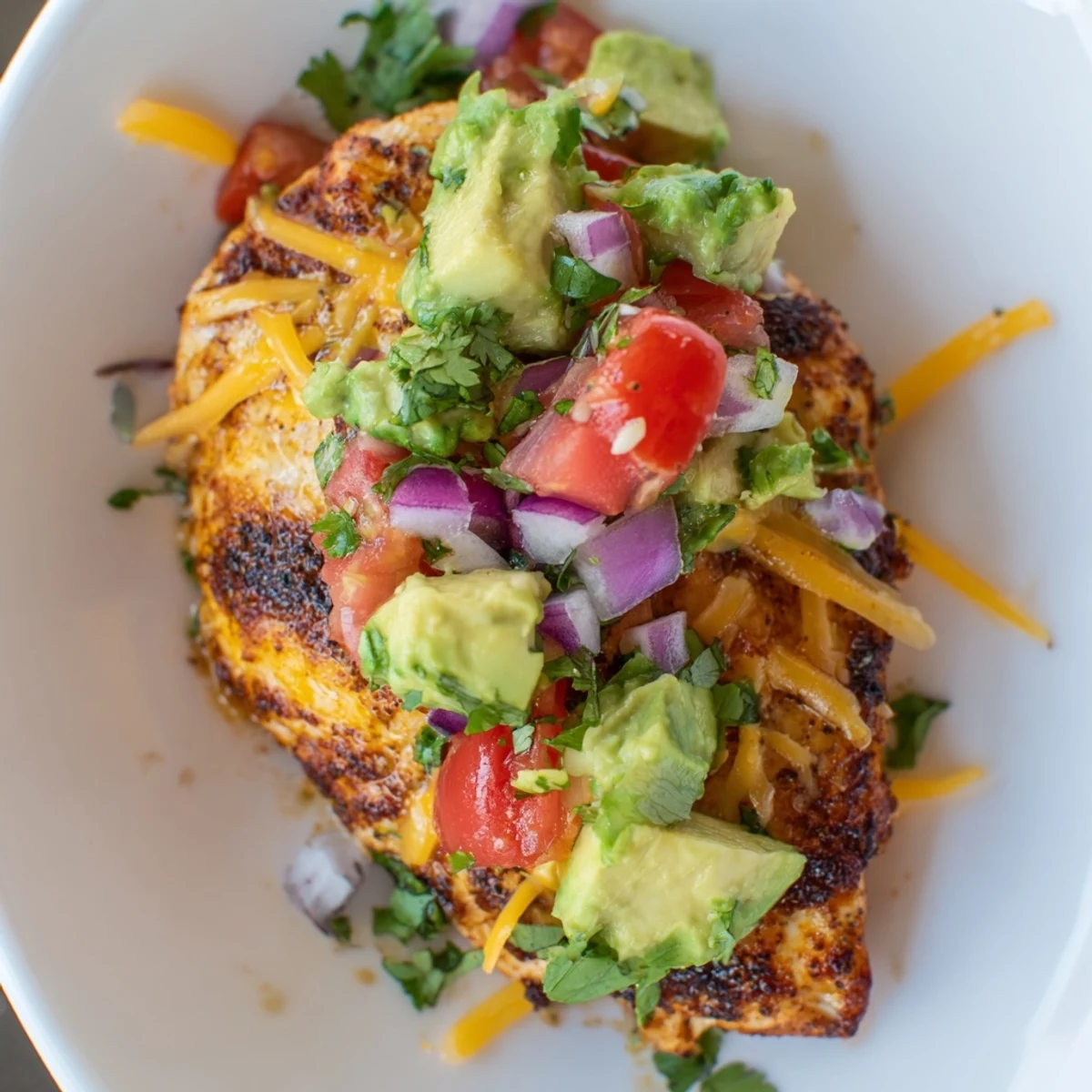 Sizzling skillet-seared fiesta lime chicken with diced avocado salsa and a bright lime wedge garnish
