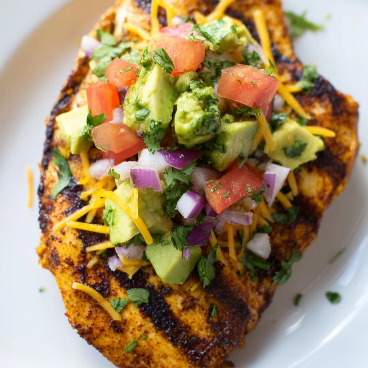 Golden grilled fiesta lime chicken topped with creamy avocado and fresh cilantro on a white plate