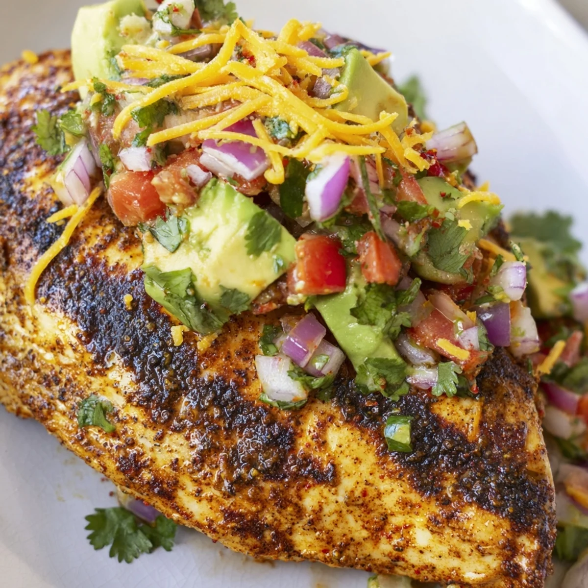 Juicy fiesta lime chicken breast draped in melted cheese over a colorful avocado tomato topping