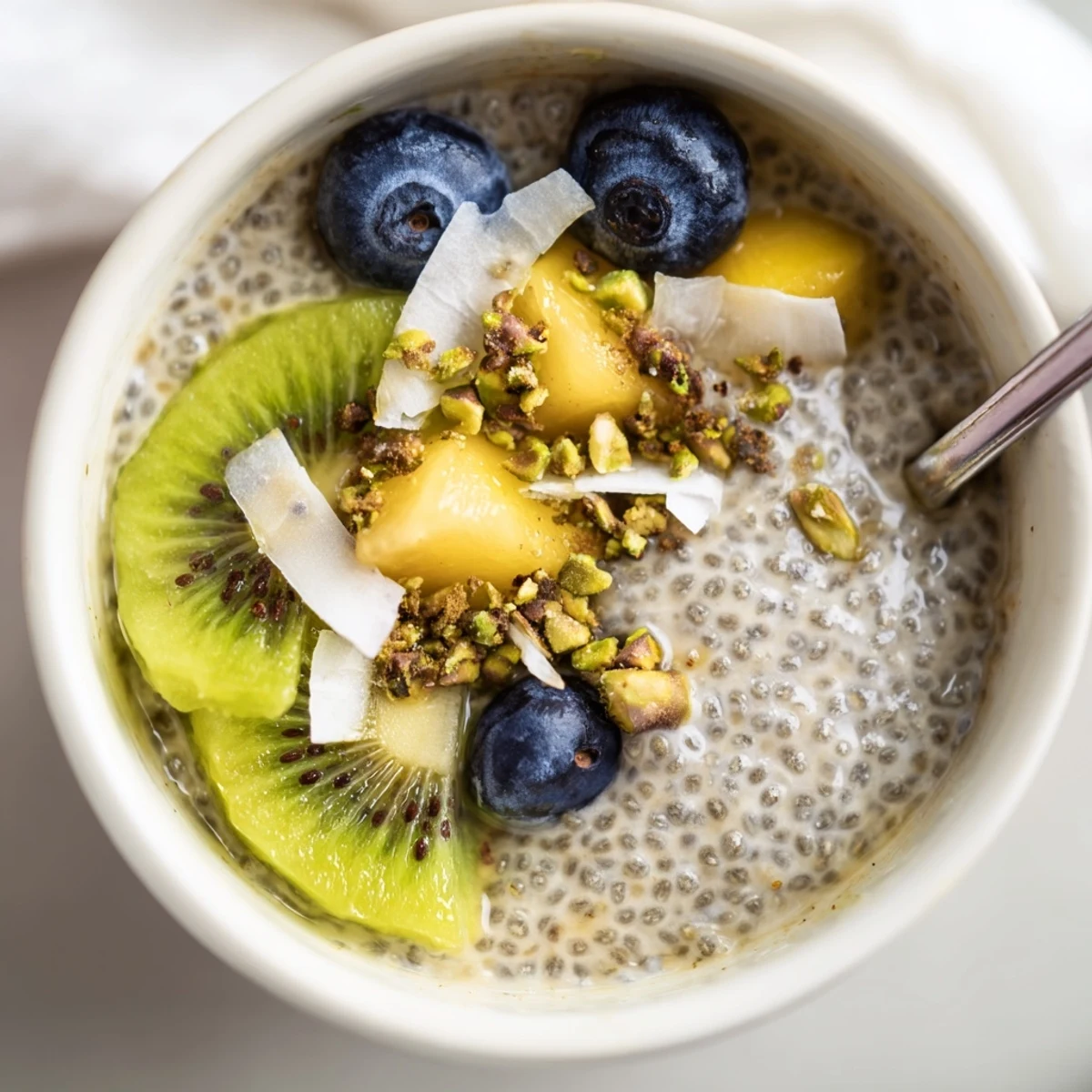 Velvety Coconut Chia Pudding spoonful beside fresh berries and crunchy nuts