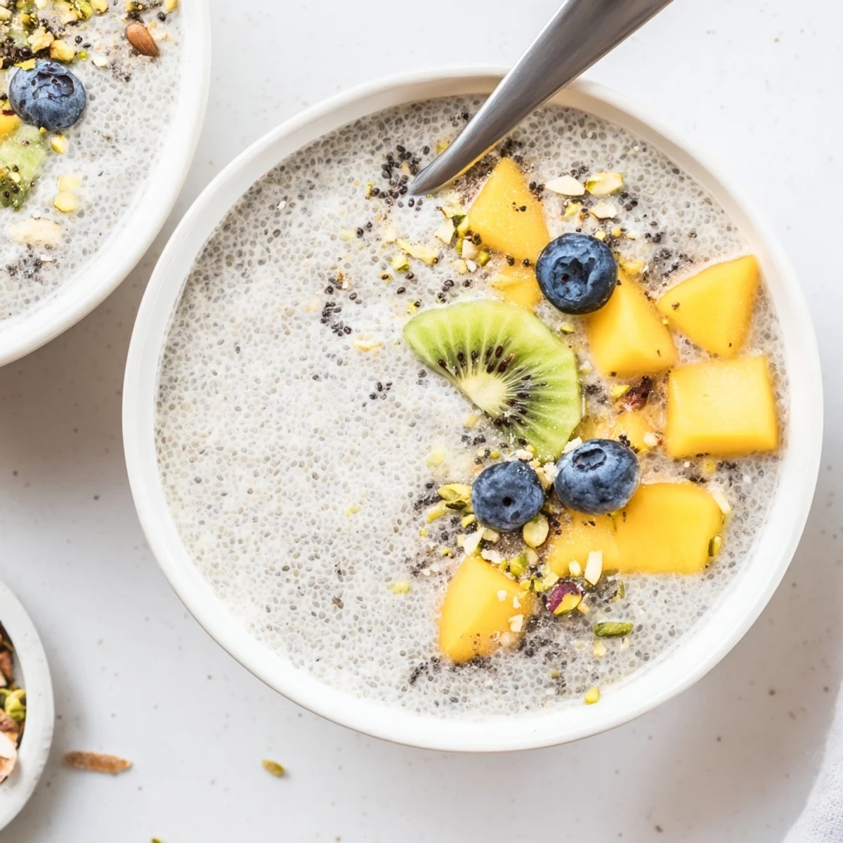Coconut Chia Pudding topped with mango and coconut flakes, creamy, chilled