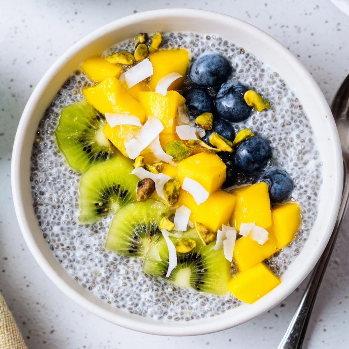 Morning Coconut Chia Pudding set in glass jars garnished with kiwi