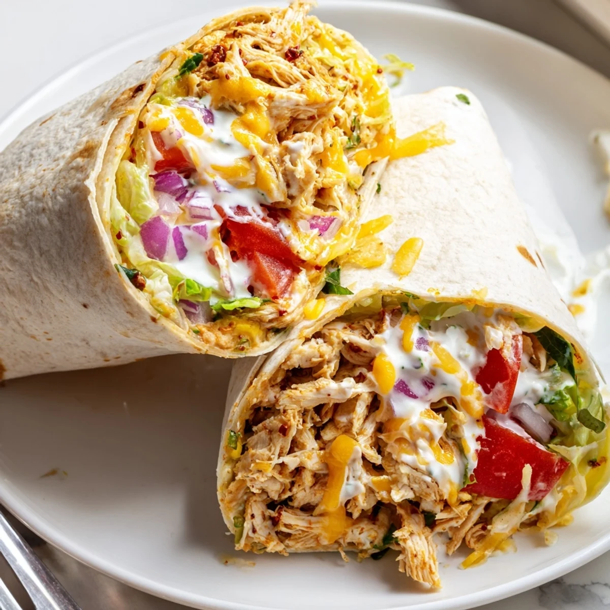Warm Cheesy Garlic Chicken Wraps sliced in halves, crisp tortilla and vibrant tomato  