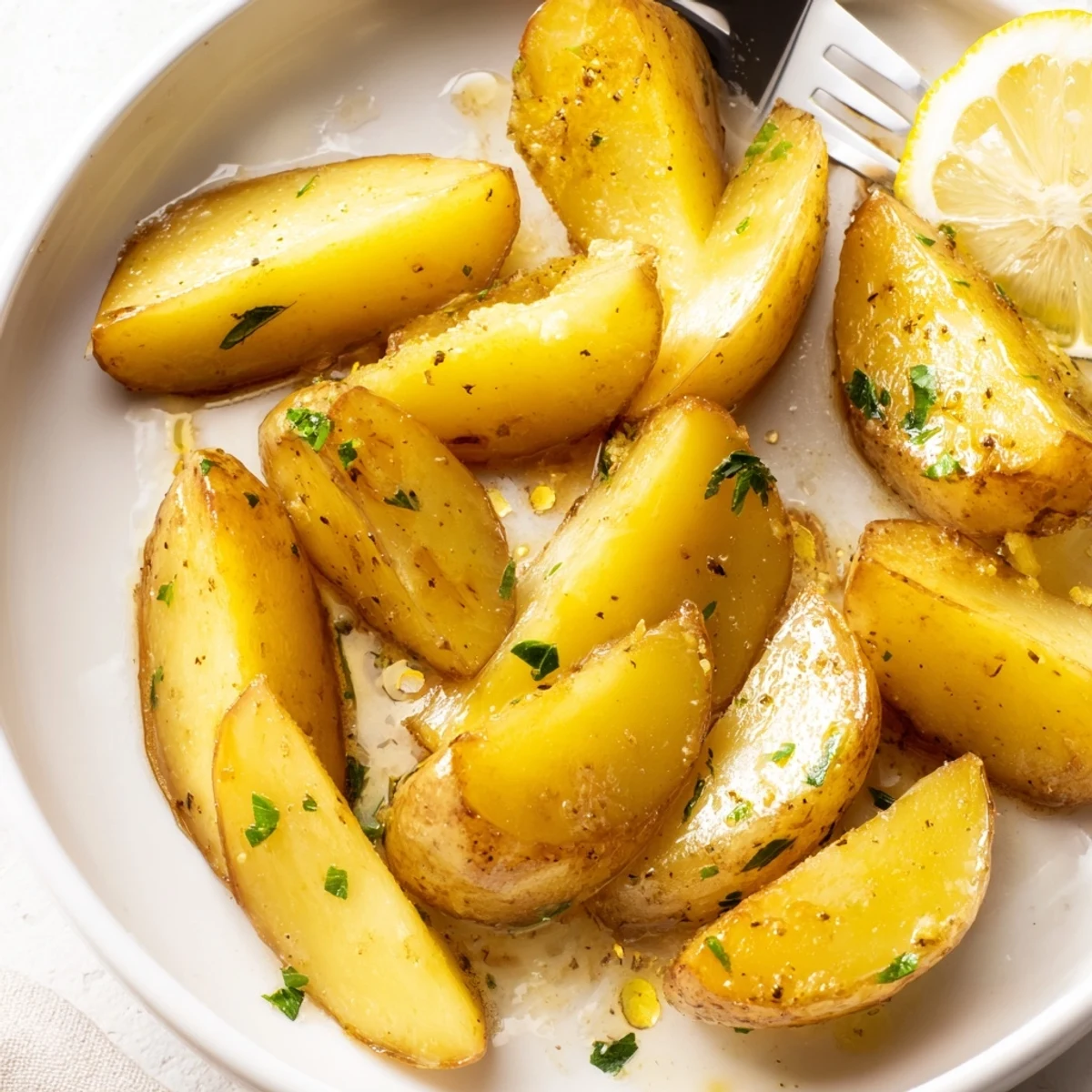 Oven-roasted Authentic Greek Lemon Potatoes Recipe served hot with lemon wedges.