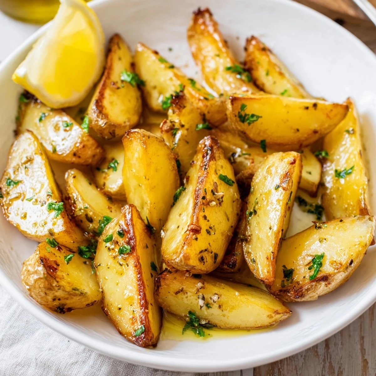 Authentic Greek Lemon Potatoes Recipe: golden wedges crisped, bright lemony aroma, parsley.
